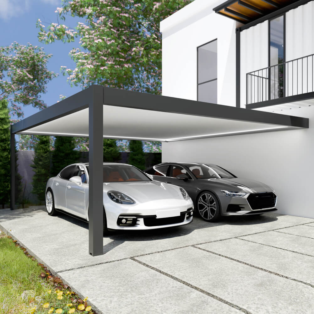 Carport adossé à la façade avec deux voitures