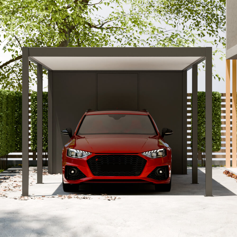 Carport avec abri de jardin (vue de face)