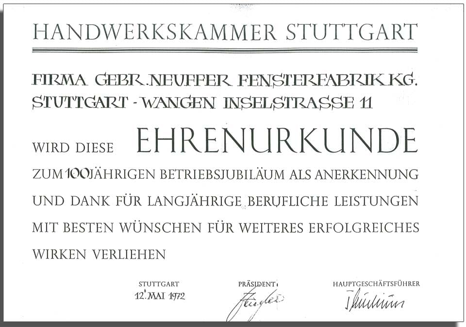 Diplôme d'honneur de la chambre des métiers de Stuttgart pour le jubilé du centenaire des entreprises.