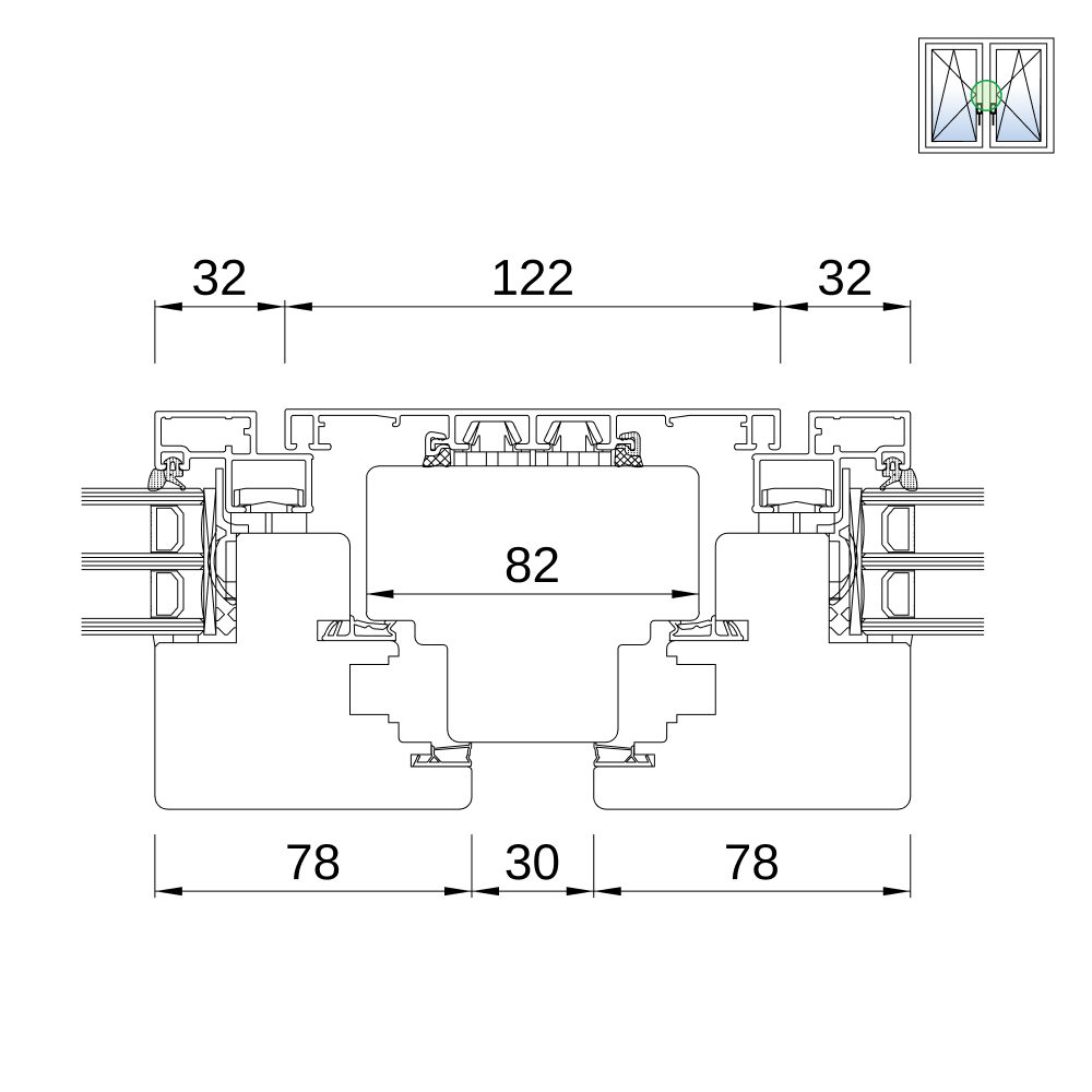 Fenêtre IDEAL Plano 68 – coupe du montant central