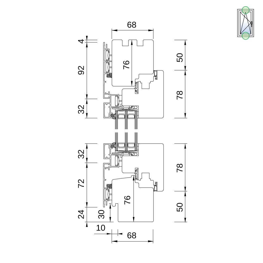 Fenêtre IDEAL Plano 68 – coupe du profilé avec usinage pour appui extérieur
