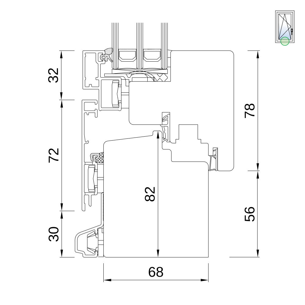 Coupe de profilé d'une fenêtre bois-alu Plano