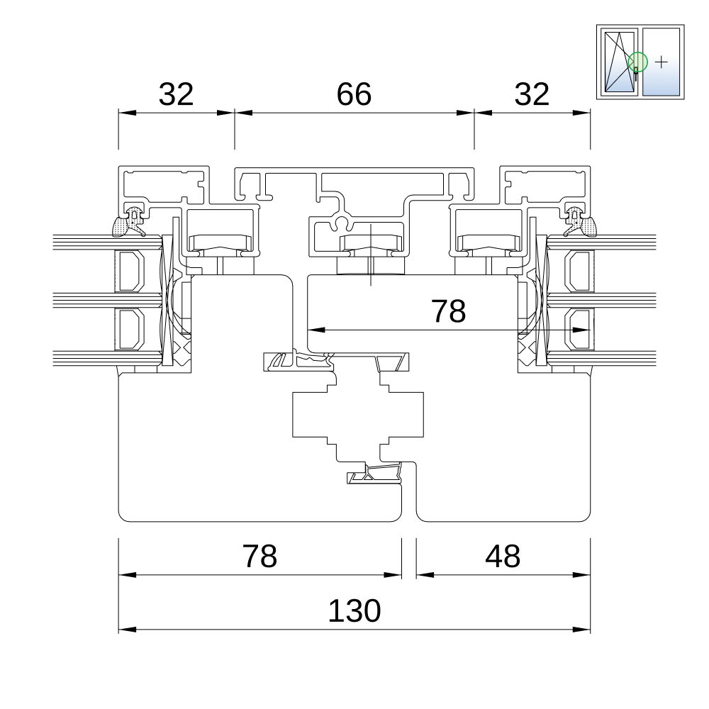 Fenêtre IDEAL Plano 68 – détail du battement, coupe du profilé