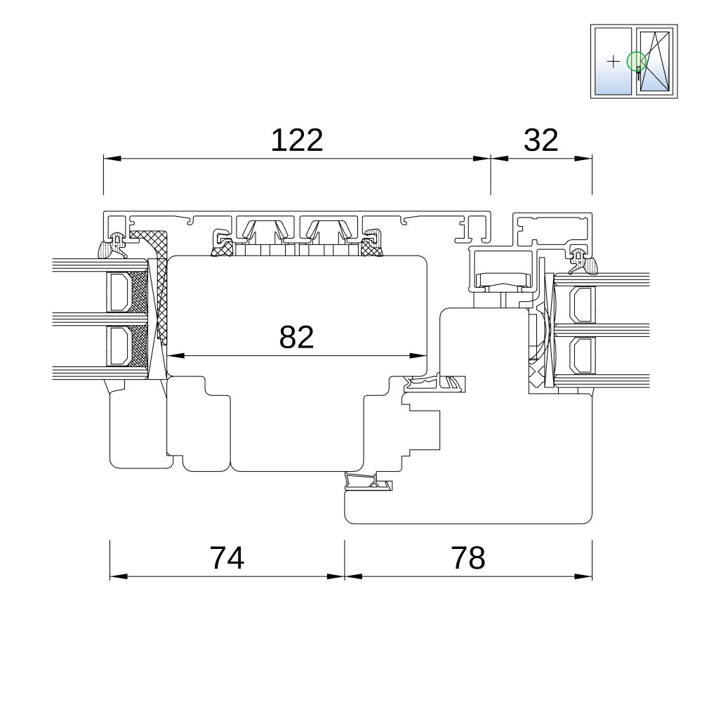 Fenêtre IDEAL Plano 68 – vitrage fixe avec ouvrant, coupe du profilé