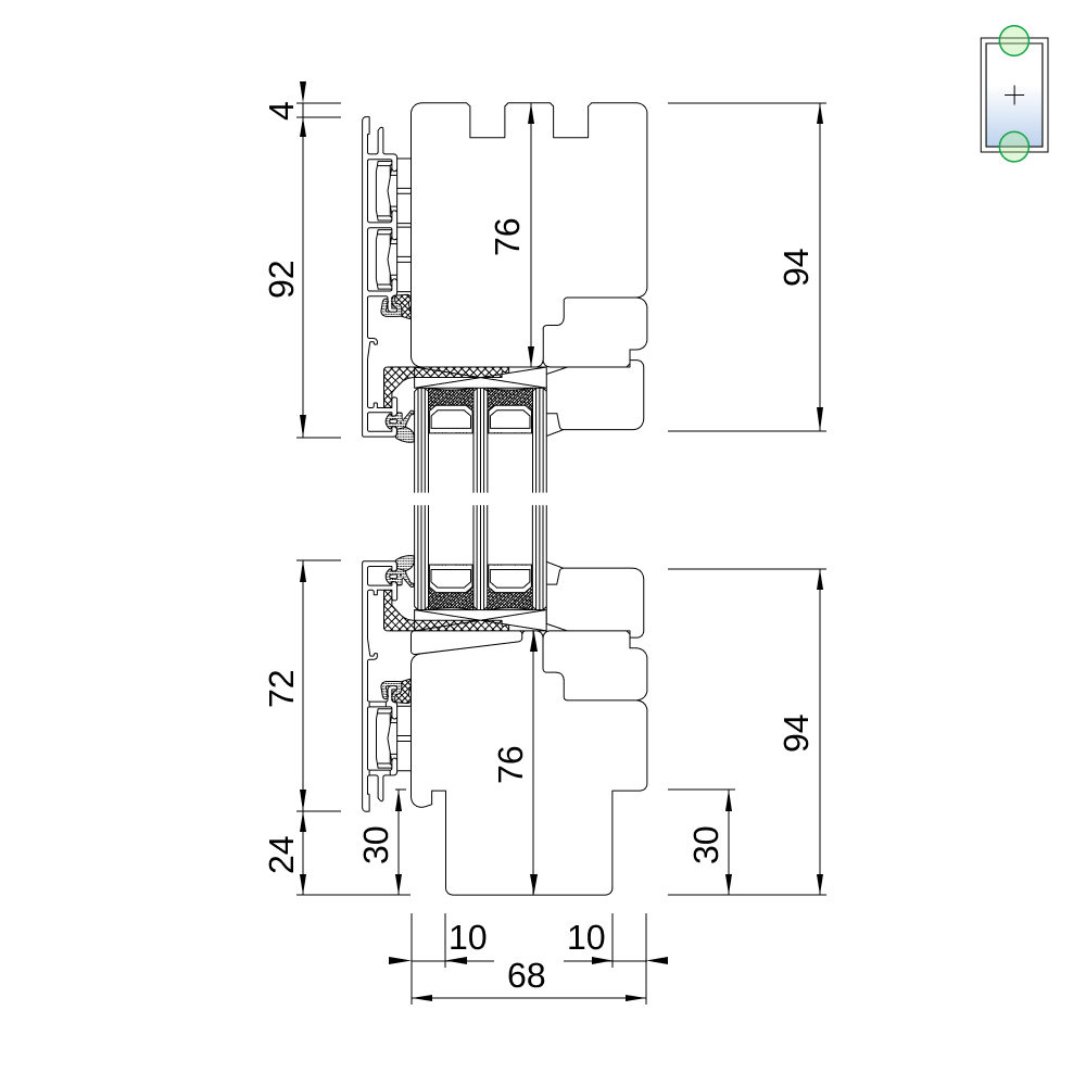 Fenêtre IDEAL Plano 68 – vitrage fixe avec usinage pour appuis intérieur et extérieur, coupe du profilé