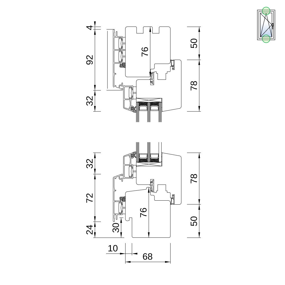 Fenêtre IDEALU Classicline IV 68 – coupe du profil avec usinage pour appui extérieur