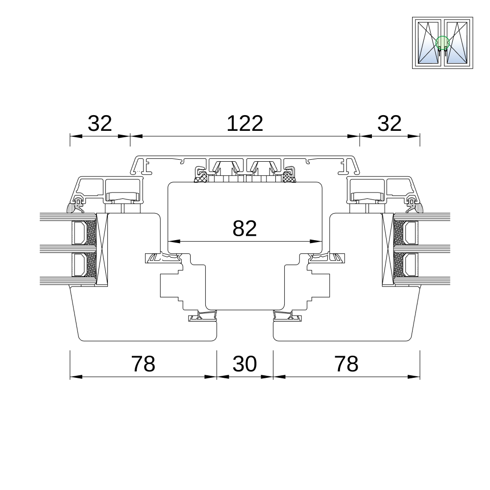 Fenêtre IDEALU Classicline IV 68 – détail du montant central