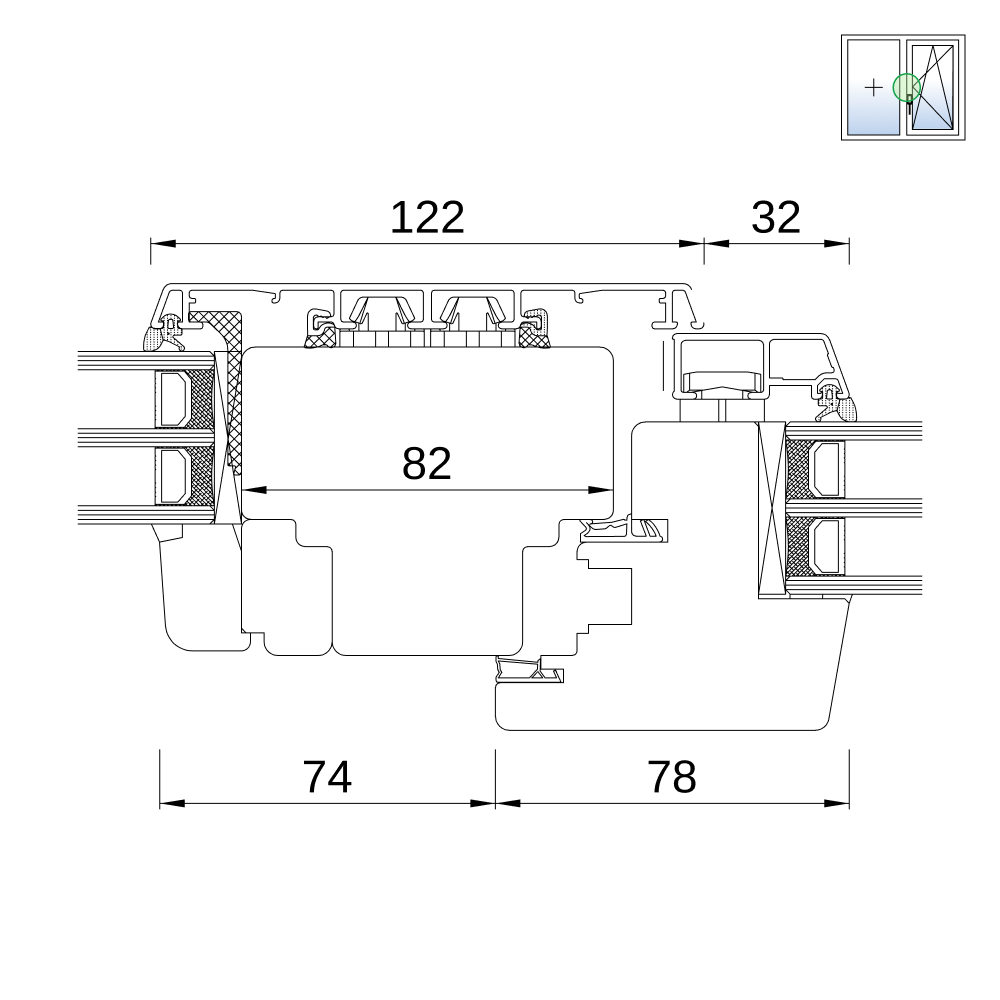 Fenêtre IDEALU Classicline IV 68 – vitrage fixe avec ouvrant, coupe du profilé