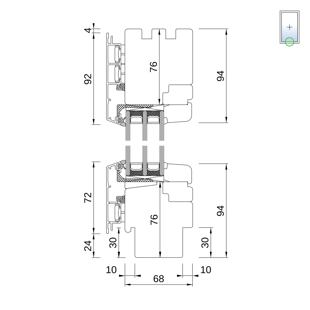 Fenêtre IDEALU Classicline IV 68 – vitrage fixe avec usinage pour appuis intérieur et extérieur, coupe du profilé