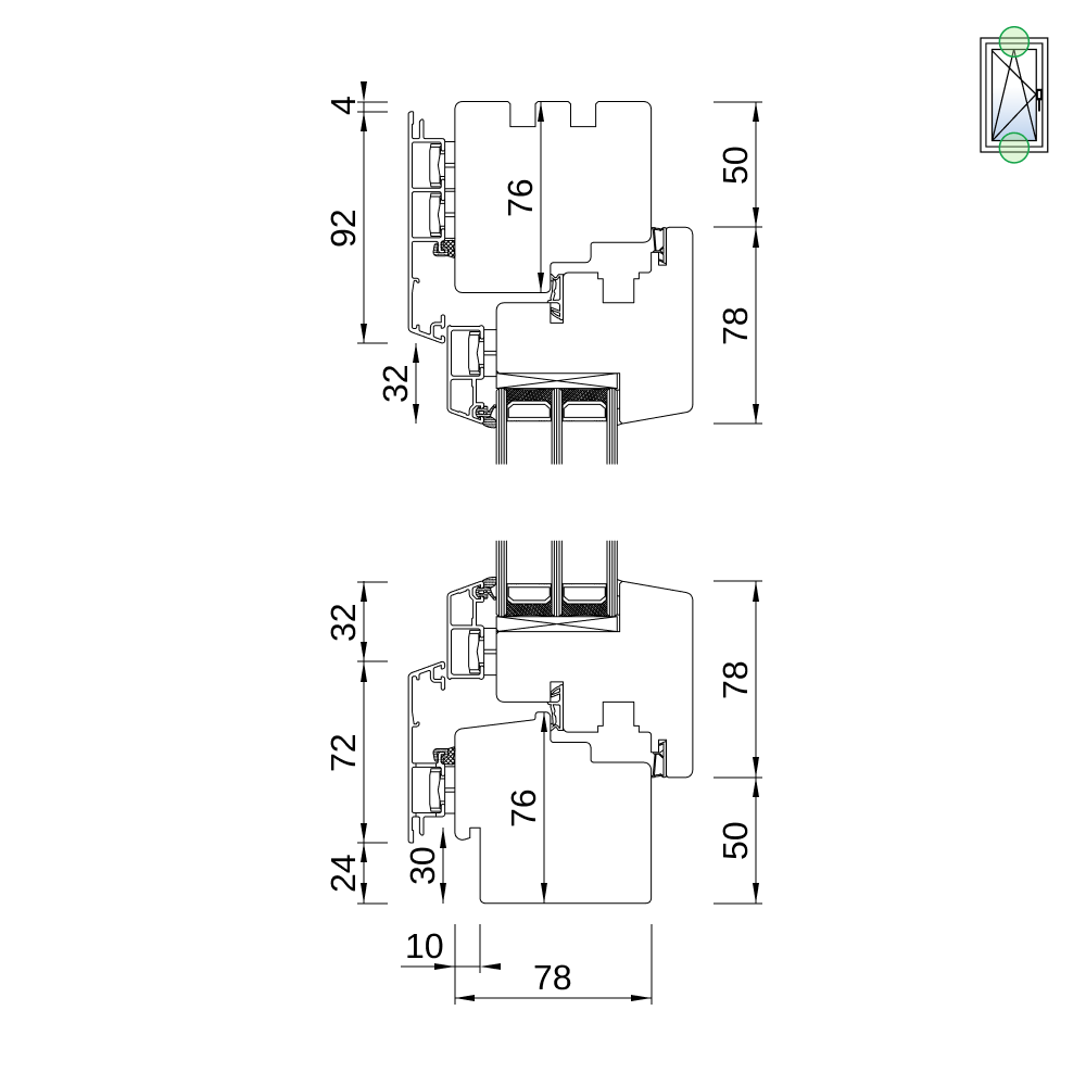 Fenêtre IDEALU Classicline IV 78 – coupe du profilé avec usinage pour appui extérieur