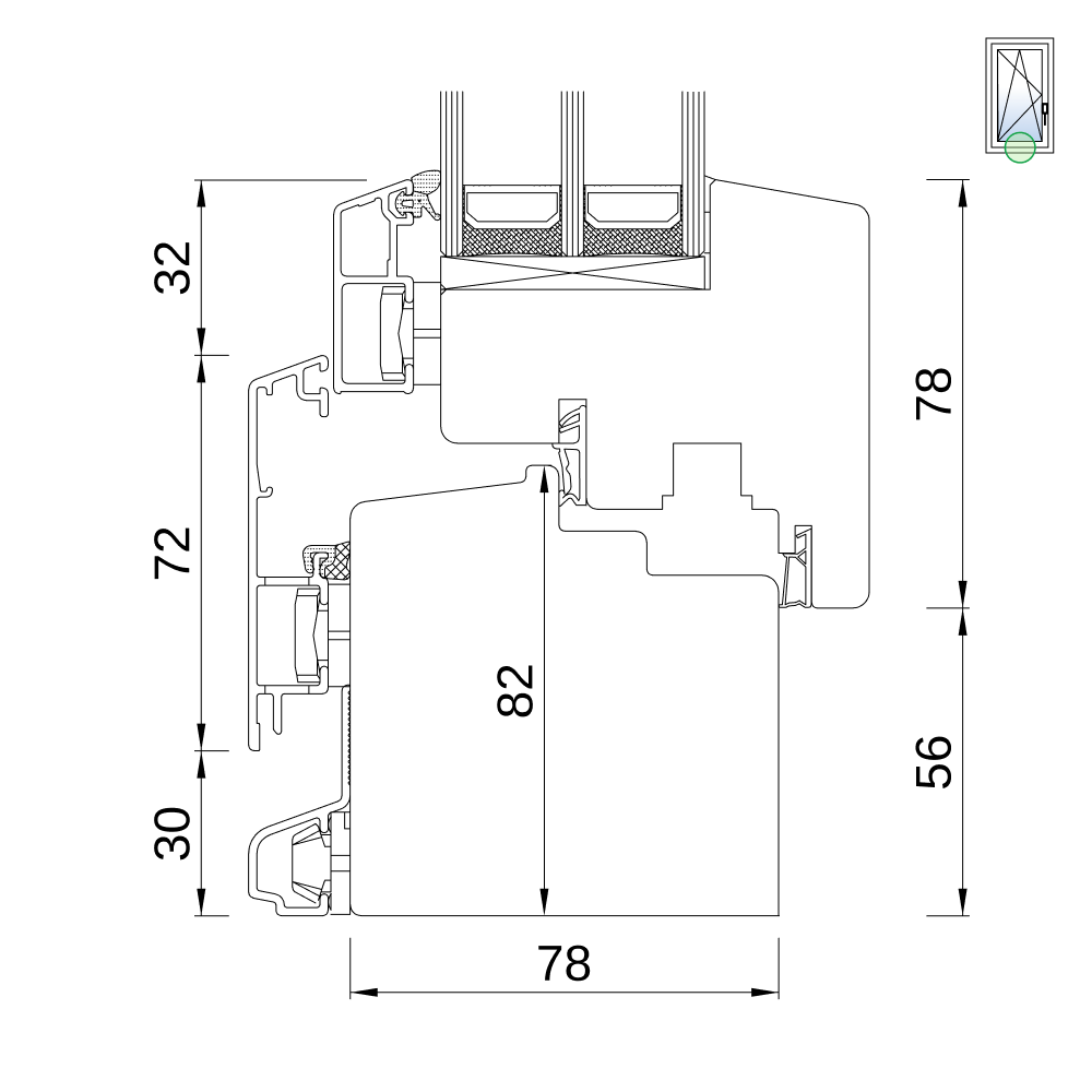 Coupe de profilé d'une fenêtre bois-alu Idealu Classicline 78