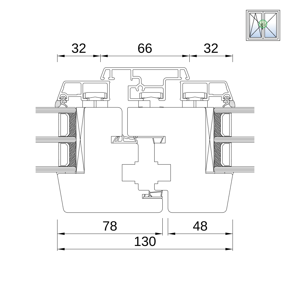 Fenêtre IDEALU Classicline IV 78 – détail du battement, coupe du profilé