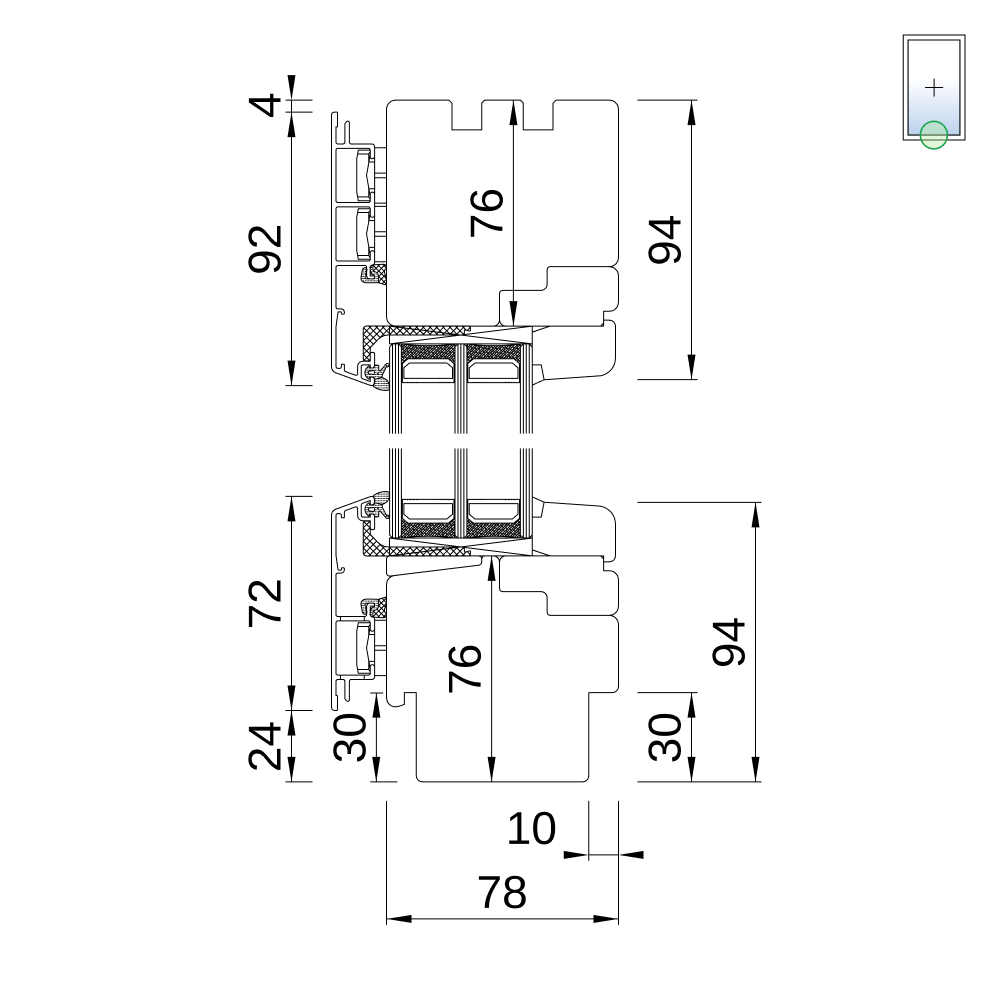 Fenêtre IDEALU Classicline IV 78 – vitrage fixe avec usinage pour appuis intérieur et extérieur, coupe du profilé