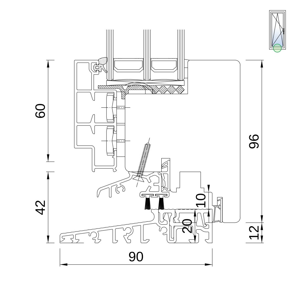 Porte-fenêtre IDEAL Plano 68 – coupe du profilé avec seuil