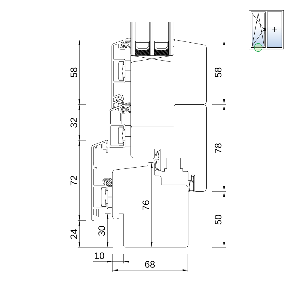 Porte-fenêtre IDEALU Classicline IV 68 – coupe du profilé avec usinage pour appui extérieur