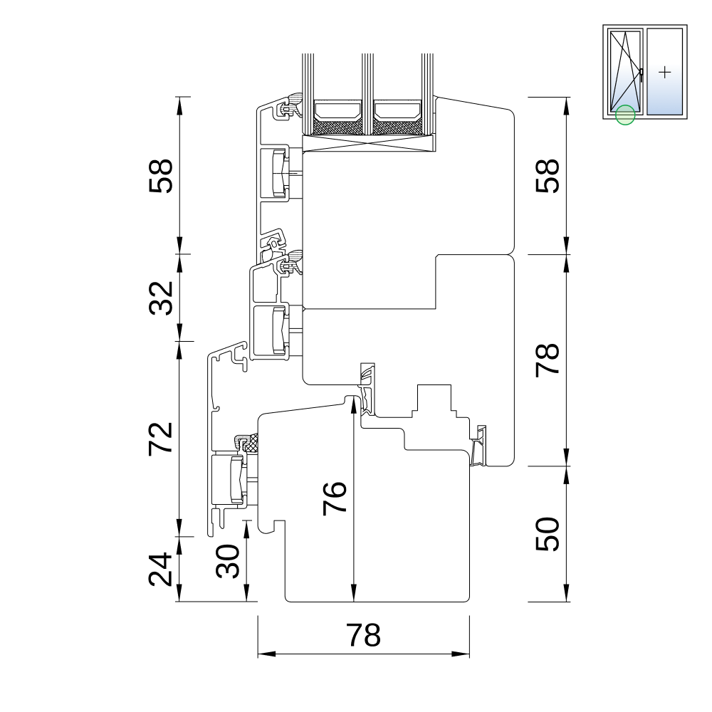 Porte-fenêtre IDEALU Classicline IV 78 – coupe du profilé avec usinage pour appui extérieur